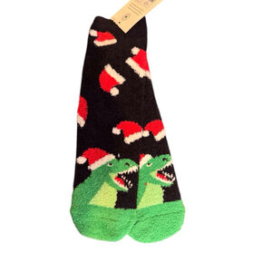 Women's Socks One Size Black Green Dinosaur Santa Hat